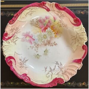 Vintage Floral Serving Bowl Maroon Border Pink Yellow White 9" Hand Painted
